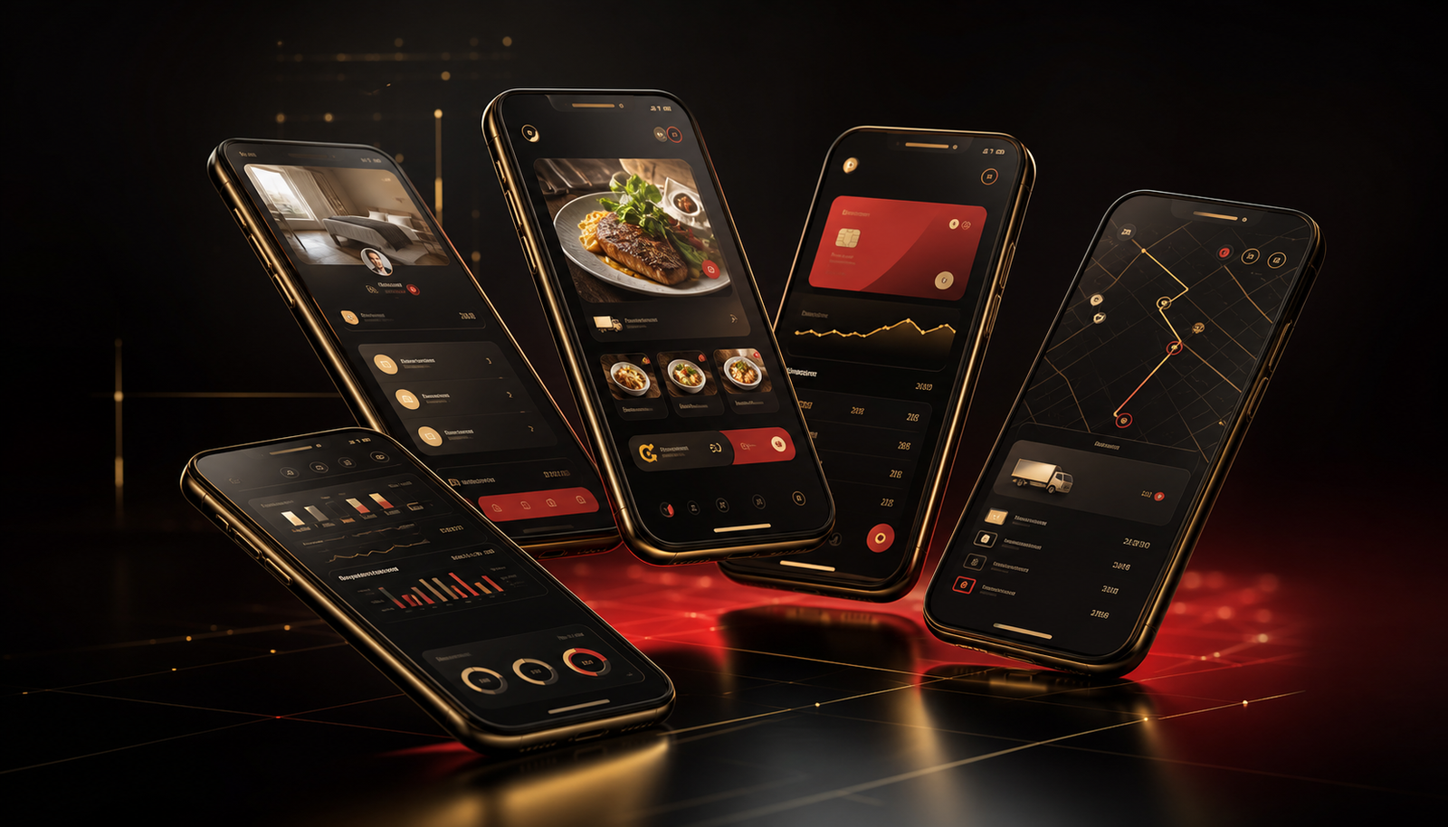 Premium mobile app portfolio screens for UAE food delivery, healthcare, fintech, real estate, and logistics apps